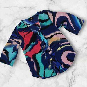 Yumi Kim Lizzie Silk Blouse Top Small Blue Abstract Watercolor Print Roomy Fit